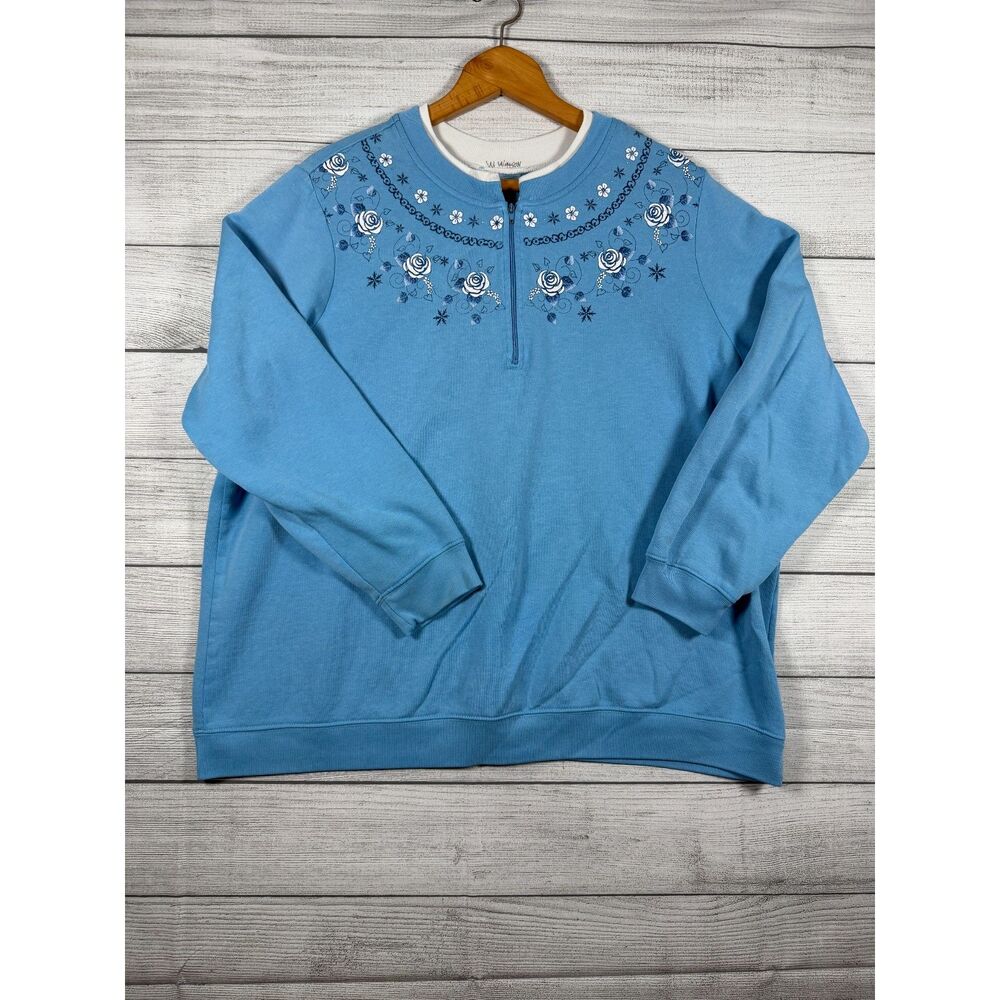 Vintage Womens 3X Blue Floral Rose Quarter Zip Pullover Sweatshirt 4039